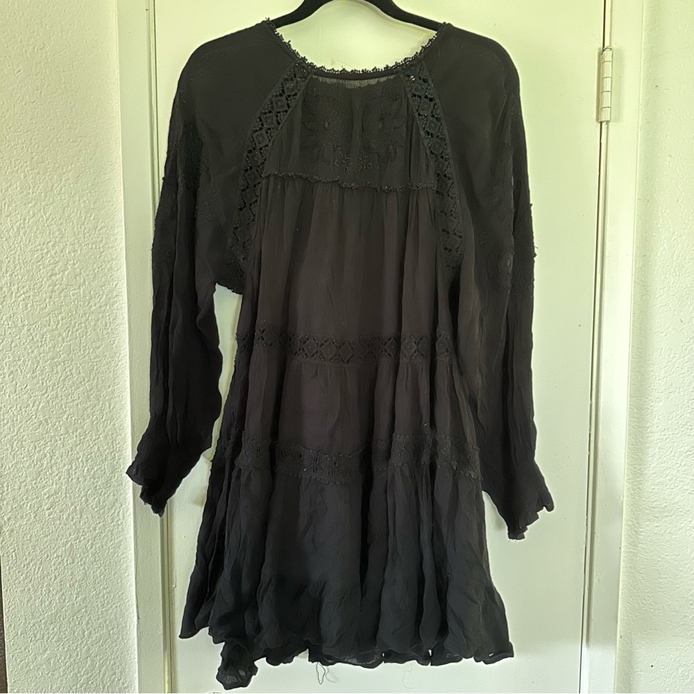 Free people black long sleeve embroidered mini dress
